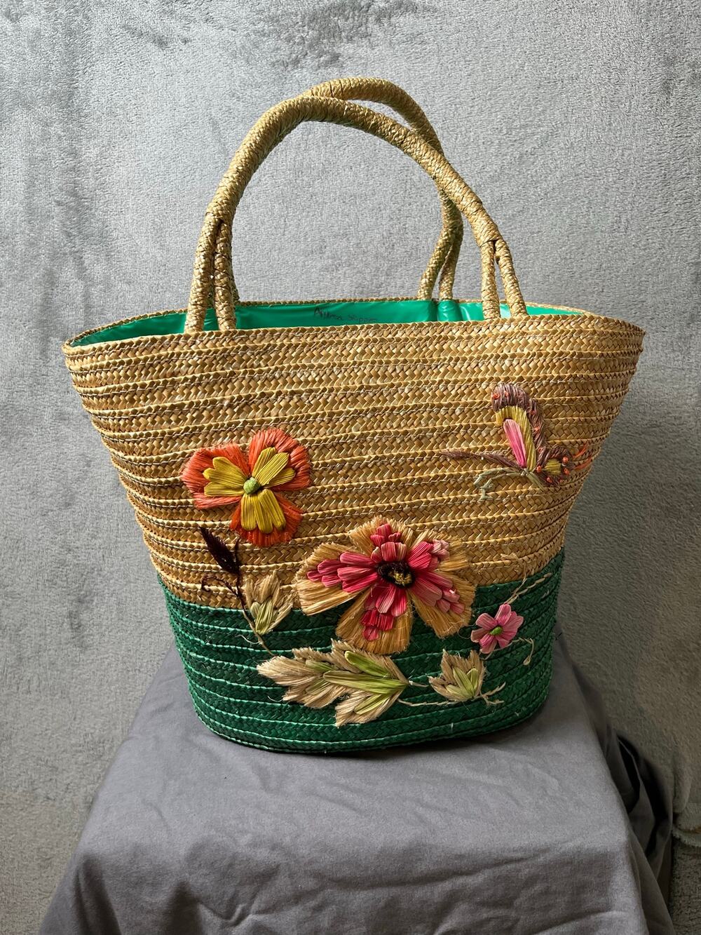 Vintage‎ Embroidered Straw Tote Bag Floral Butterfly Cottagecore Coastal Grandma